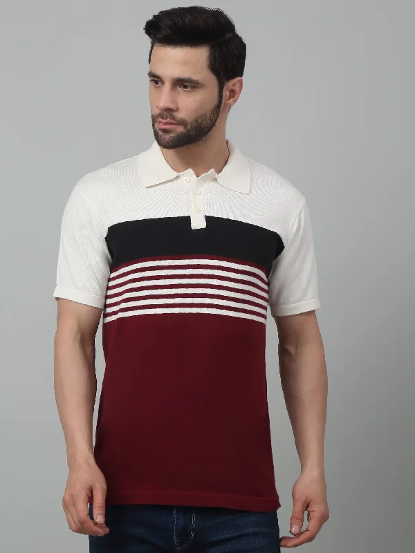 Cantabil Maroon Color-Block Polo Neck Half Sleeve T-shirt For Men