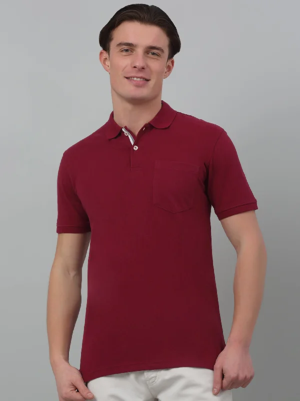 Cantabil Maroon Solid Polo Neck Half Sleeve T-shirt For Men