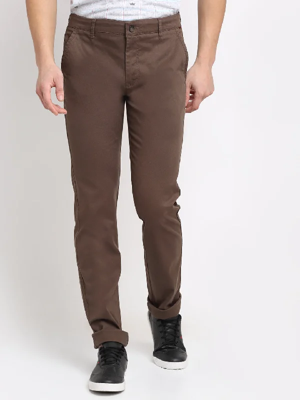 Cantabil Men Brown Cotton Blend Solid Regular Fit Casual Trouser