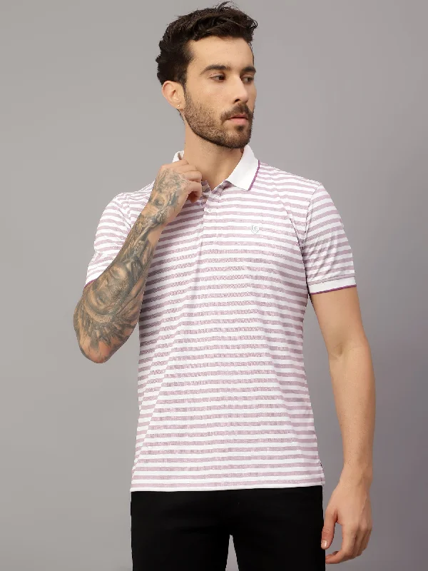 Cantabil Men's Purple Striped Polo Neck T-Shirt