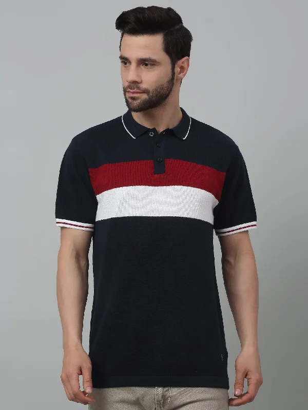 Cantabil Navy Blue Color-Block Polo Neck Half Sleeve T-shirt For Men