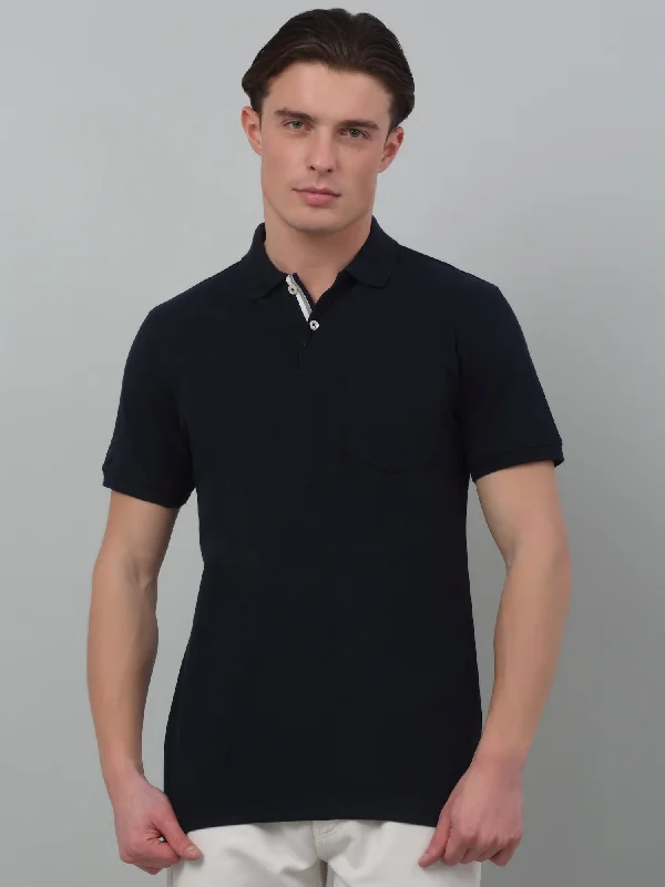 Cantabil Navy Blue Solid Polo Neck Half Sleeve T-shirt For Men