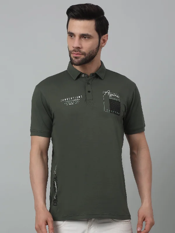 Cantabil Olive Green Printed Polo Neck Half Sleeve T-shirt For Men