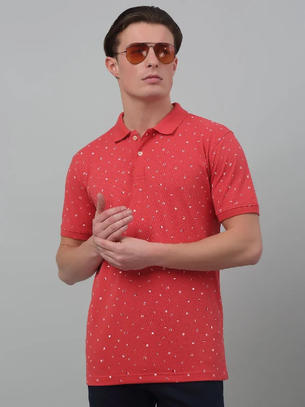 Cantabil Pink Printed Polo Neck Half Sleeve T-shirt For Men