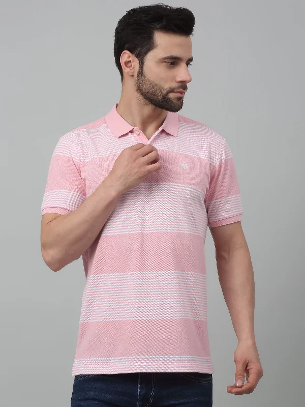 Cantabil Pink Striped Polo Neck Half Sleeve T-shirt For Men