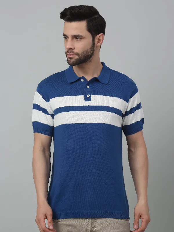 Cantabil Royal Blue Striped Polo Neck Half Sleeve T-shirt For Men