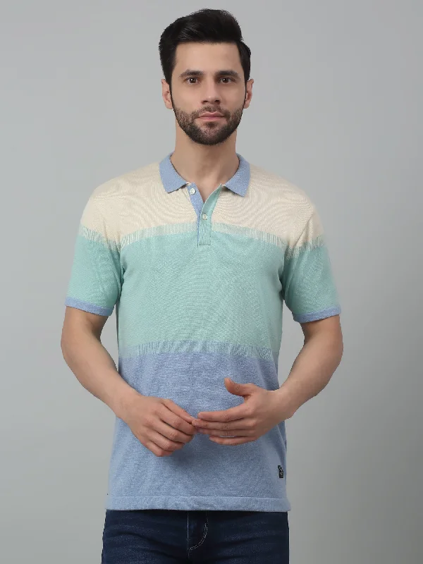 Cantabil Sky Blue Color-Block Polo Neck Half Sleeve T-shirt For Men