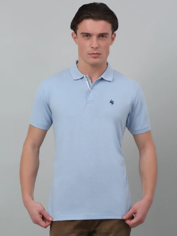 Cantabil Sky Blue Solid Polo Neck Half Sleeve T-shirt For Men