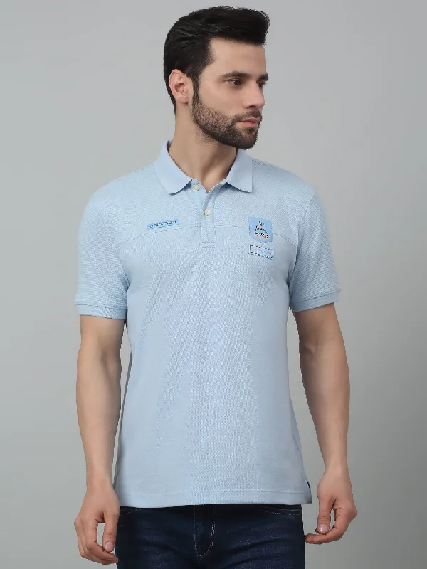 Cantabil Sky Blue Solid Polo Neck Half Sleeve T-shirt For Men