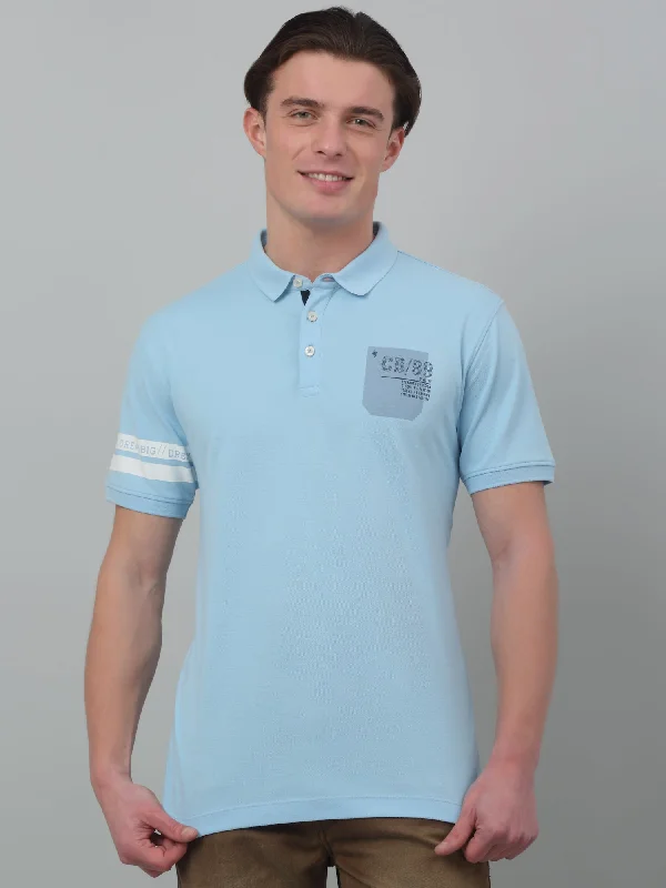 Cantabil Sky Blue Solid Polo Neck Half Sleeve T-shirt For Men