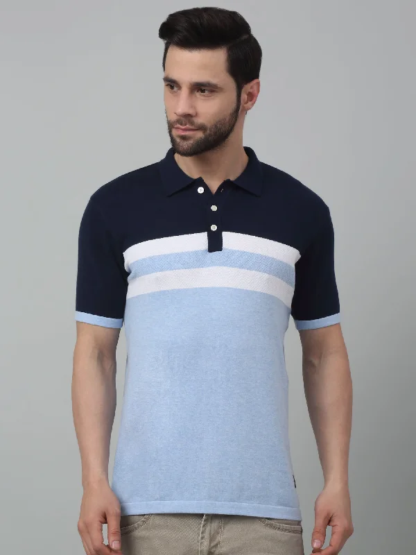 Cantabil Sky Blue Striped Polo Neck Half Sleeve T-shirt For Men