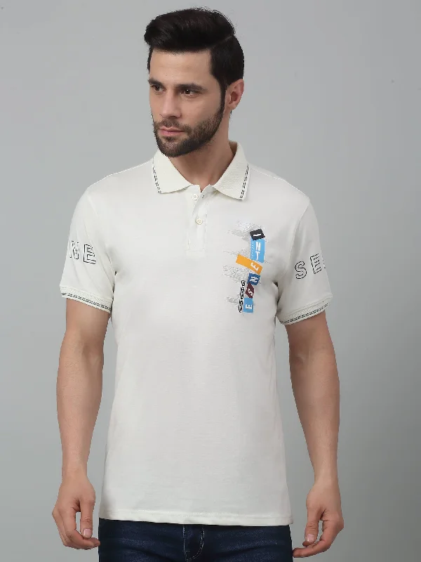 Cantabil White Printed Polo Neck Half Sleeve T-shirt For Men