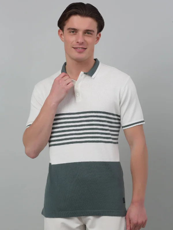 Cantabil White Striped Polo Neck Half Sleeve T-shirt For Men