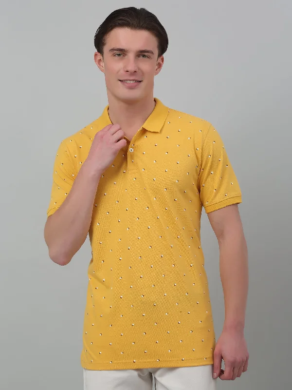 Cantabil Yellow Printed Polo Neck Half Sleeve T-shirt For Men