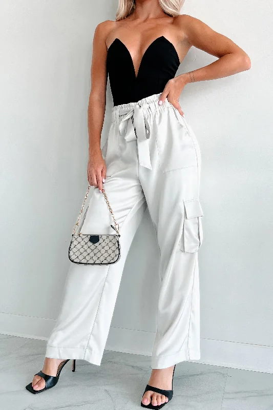 Happy Hour Hangs Satin Cargo Pants (Light Grey)