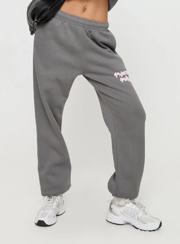 Princess Polly Track Pants Puff Text Charcoal