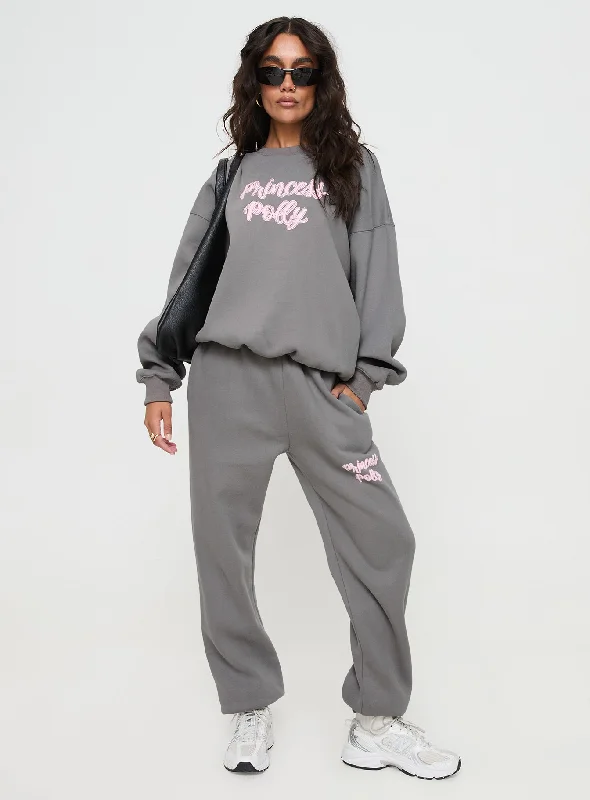 Princess Polly Track Pants Puff Text Charcoal