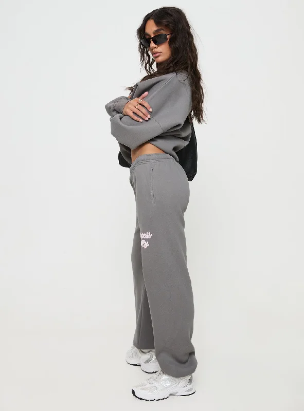 Princess Polly Track Pants Puff Text Charcoal