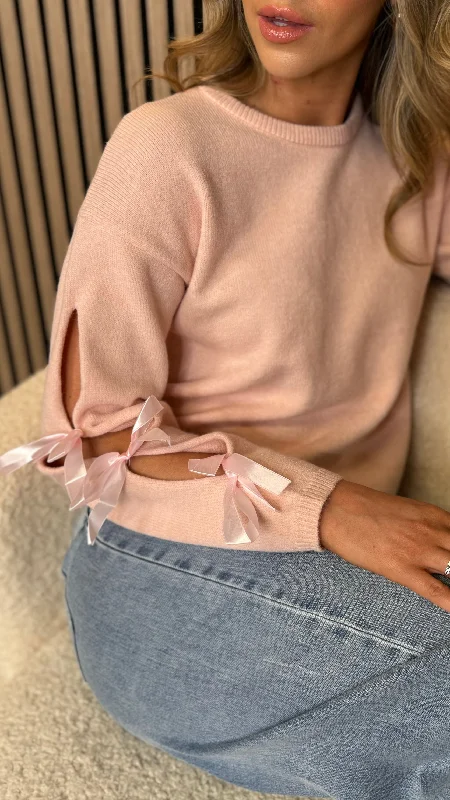 Amira Pink Jumper With Bow & Cut Out Sleeve Detail