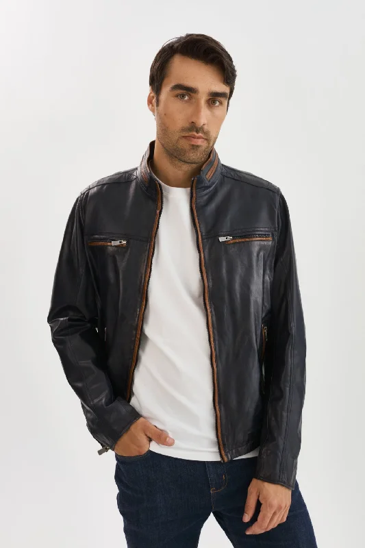 Nash Leather Jacket- Navy