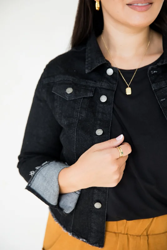 Frayed Denim Jacket in Black