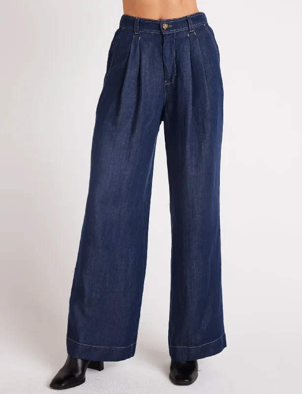 Pleated Wide Leg Pant, Dark Denim