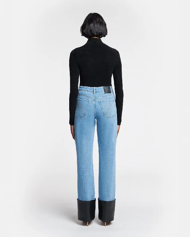 Raynee - Leather-Trimmed Straight-Leg Jeans - Mid Blue