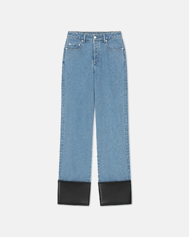 Raynee - Leather-Trimmed Straight-Leg Jeans - Mid Blue